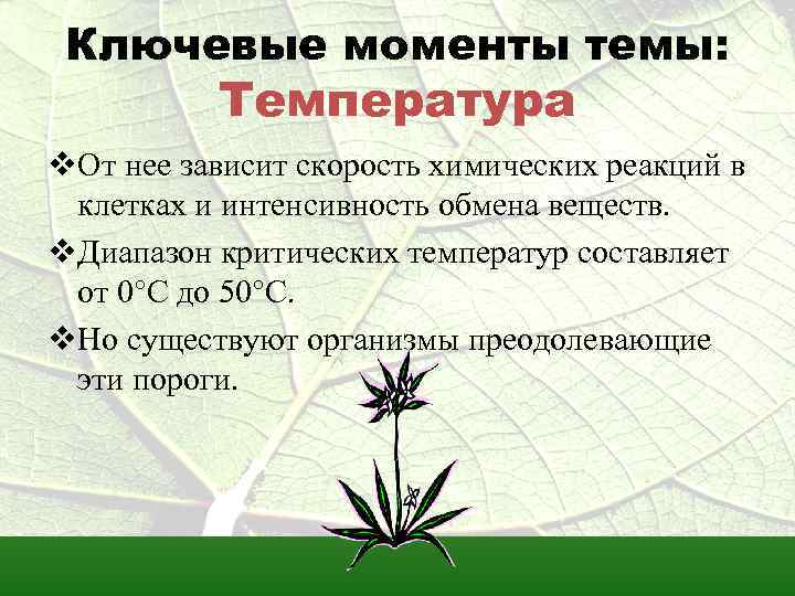 Ключевые моменты темы: Температура v. От нее зависит скорость химических реакций в клетках и