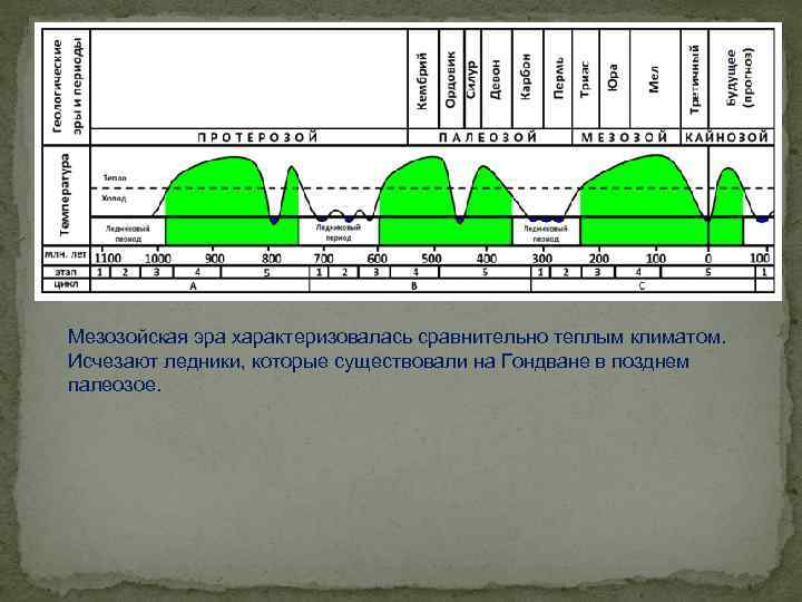 Мезозойская эра характеризовалась сравнительно теплым климатом. Исчезают ледники, которые существовали на Гондване в позднем