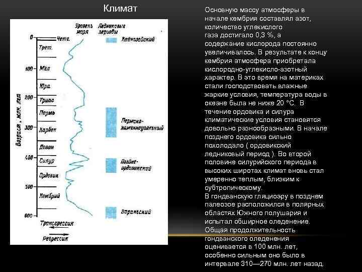Климат Основную массу атмосферы в начале кембрия составлял азот, количество углекислого газа достигало 0,
