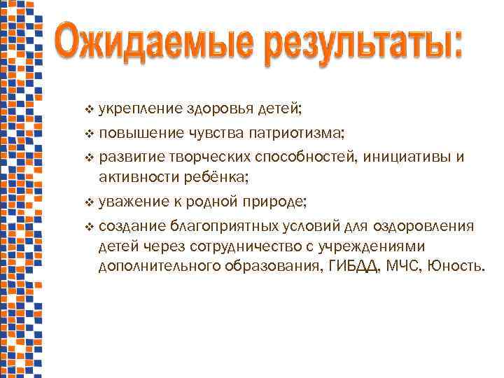 укрепление здоровья детей; повышение чувства патриотизма; развитие творческих способностей, инициативы и активности ребёнка; уважение
