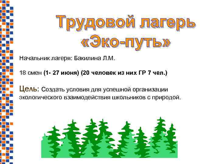 Трудовой лагерь «Эко-путь» Начальник лагеря: Бакилина Л. М. 18 смен (1 - 27 июня)