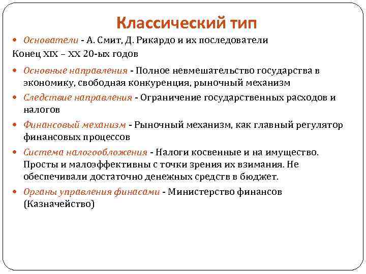 Классический тип Основатели - А. Смит, Д. Рикардо и их последователи Конец XIX –