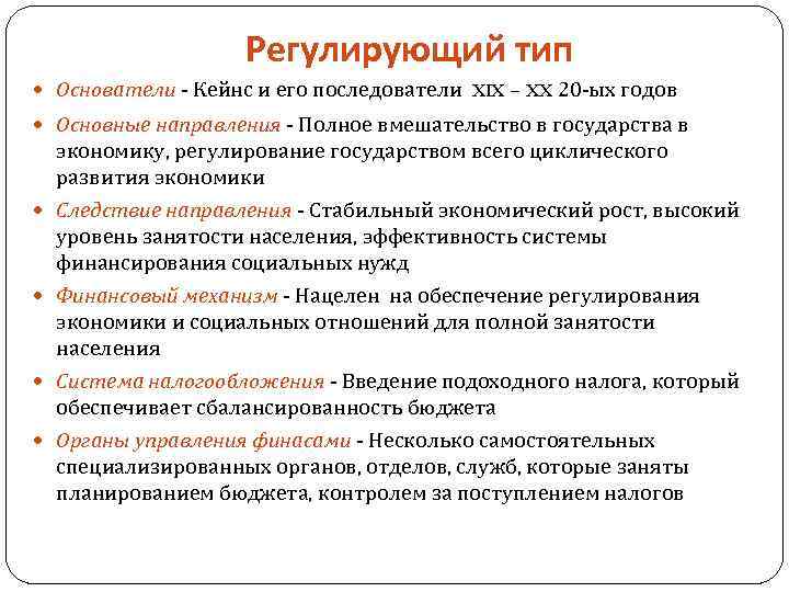 Регулирующий тип Основатели - Кейнс и его последователи XIX – XX 20 -ых годов