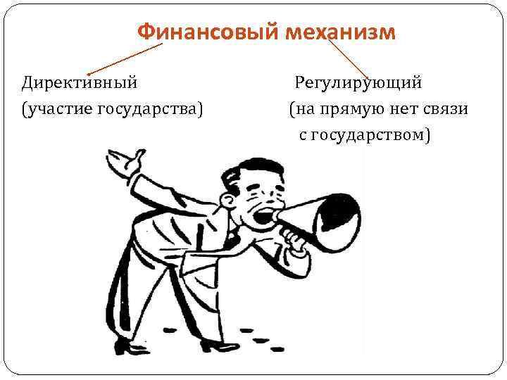 Финансовый механизм Директивный (участие государства) Регулирующий (на прямую нет связи с государством) 