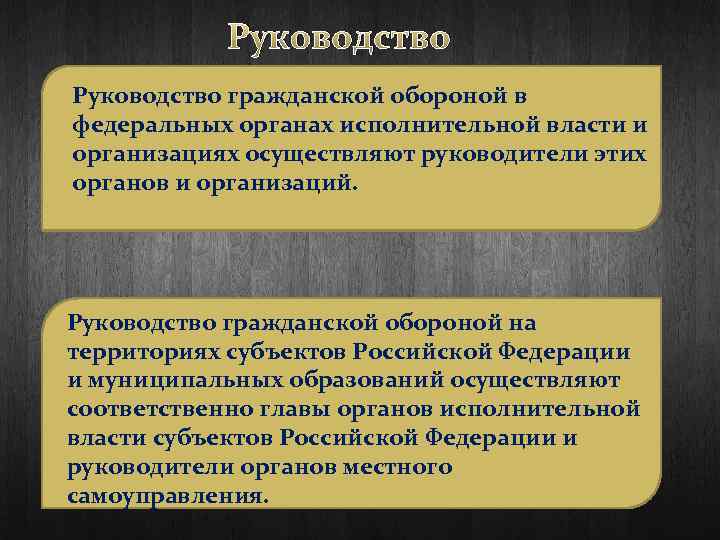 Руководство гражданской обороной в федеральных органах исполнительной власти и организациях осуществляют руководители этих органов