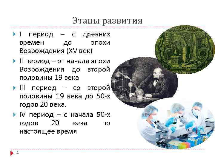 Этапы развития I период – с древних времен до эпохи Возрождения (XV век) II