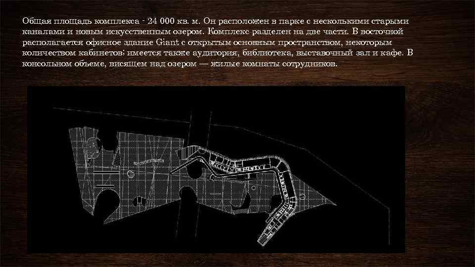 Общая площадь комплекса 24 000 кв. м. Он расположен в парке с несколькими старыми