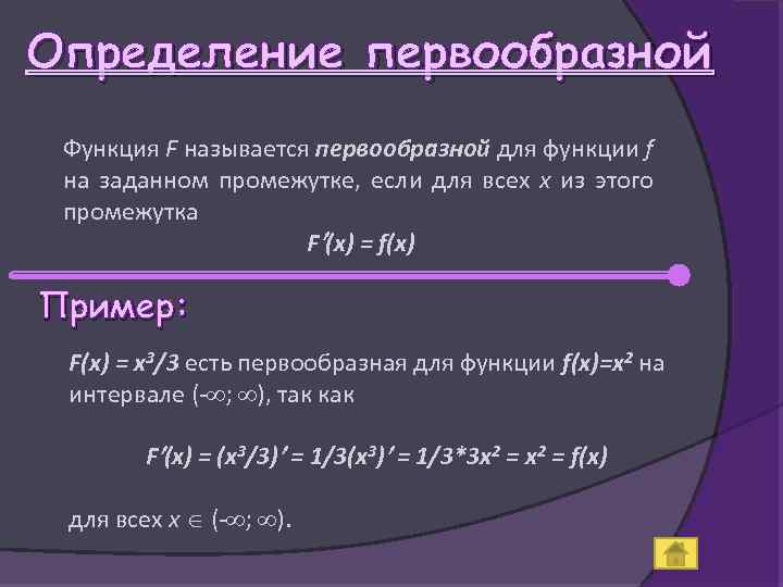 Определение первообразной Функция F называется первообразной для функции f на заданном промежутке, если для