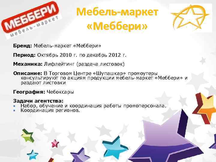 Мебель-маркет «Меббери» Бренд: Мебель-маркет «Меббери» Период: Октябрь 2010 г. по декабрь 2012 г. Механика: