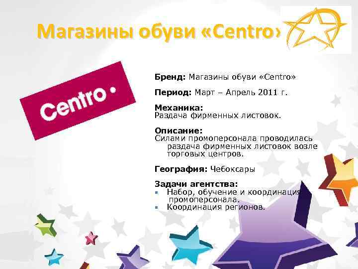 Магазины обуви «Сentro» Бренд: Магазины обуви «Centro» Период: Март – Апрель 2011 г. Механика: