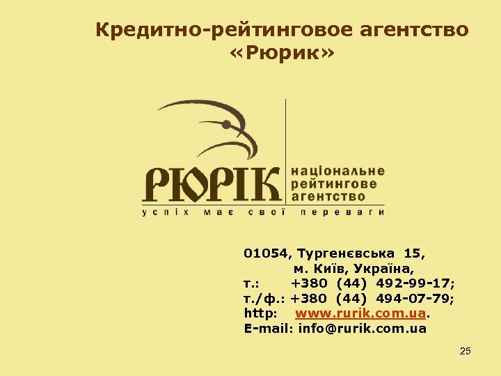 Кредитно-рейтинговое агентство «Рюрик» 01054, Тургенєвська 15, м. Київ, Україна, т. : +380 (44) 492