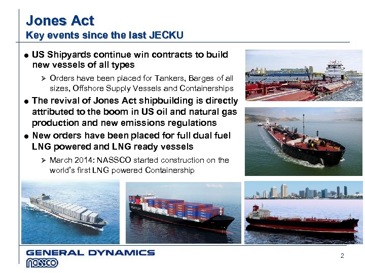 Jones Act Key events since the last JECKU US Shipyards continue win contracts to