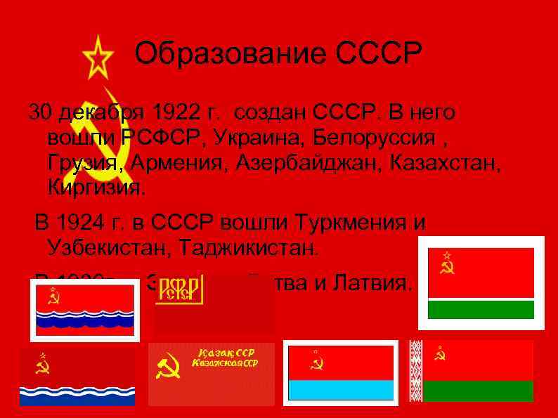 Образование СССР 30 декабря 1922 г. создан СССР. В него вошли РСФСР, Украина, Белоруссия