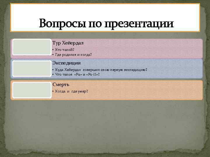  Вопросы по презентации Тур Хейердал • Кто такой? • Где родился и когда?