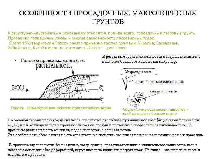 ОСОБЕННОСТИ ПРОСАДОЧНЫХ, МАКРОПОРИСТЫХ ГРУНТОВ К структурно неустойчивым основаниям относятся, прежде всего, просадочные лёссовые грунты.