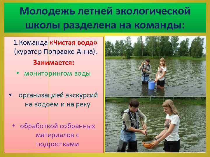 Молодежь летней экологической школы разделена на команды: 1. Команда «Чистая вода» (куратор Поправко Анна).