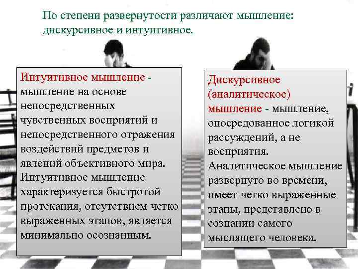 По степени развернутости различают мышление: дискурсивное и интуитивное. Интуитивное мышление на основе непосредственных чувственных