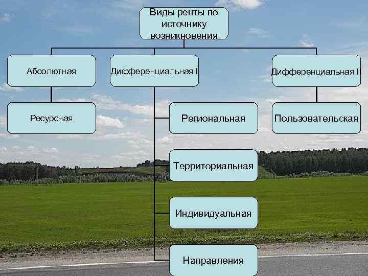 Виды ренты по источнику возникновения Абсолютная Ресурсная Дифференциальная I Региональная Территориальная Индивидуальная Направления Дифференциальная