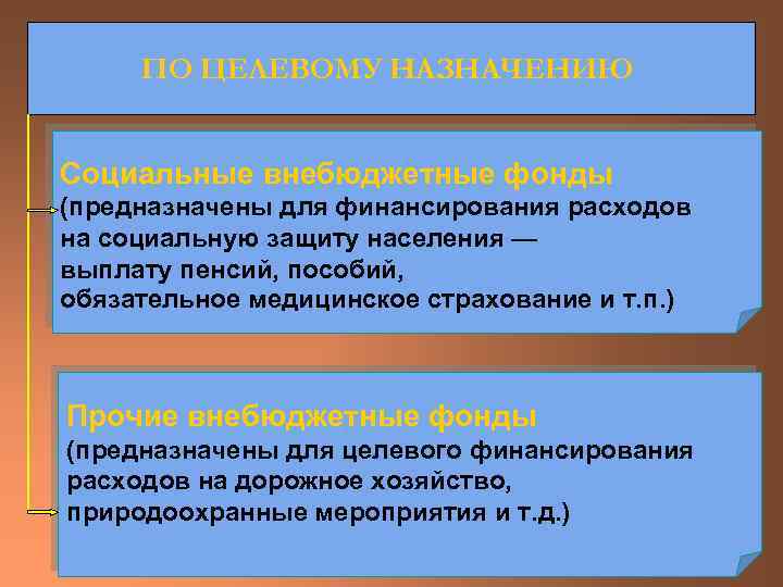 ПО ЦЕЛЕВОМУ НАЗНАЧЕНИЮ Социальные внебюджетные фонды (предназначены для финансирования расходов на социальную защиту населения