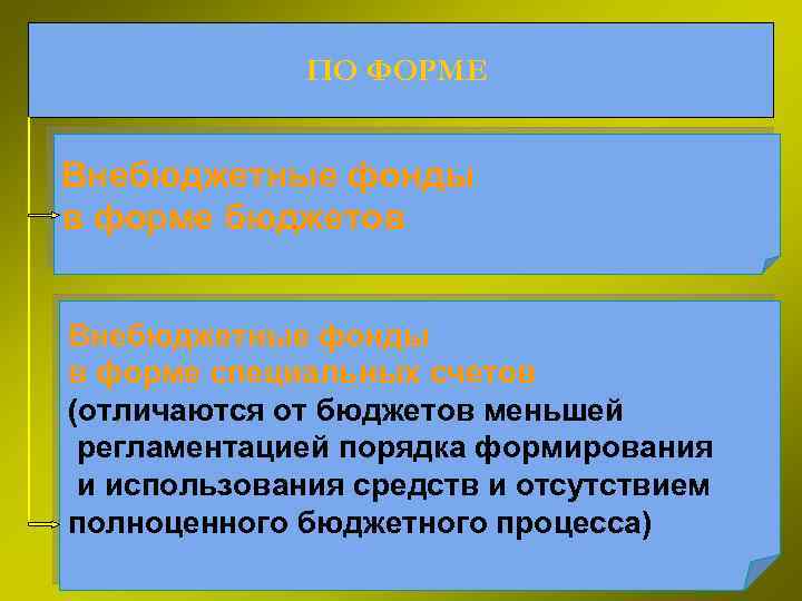 ПО ФОРМЕ Внебюджетные фонды в форме бюджетов Внебюджетные фонды в форме специальных счетов (отличаются