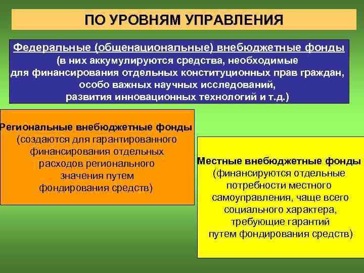 ПО УРОВНЯМ УПРАВЛЕНИЯ Федеральные (общенациональные) внебюджетные фонды (в них аккумулируются средства, необходимые для финансирования