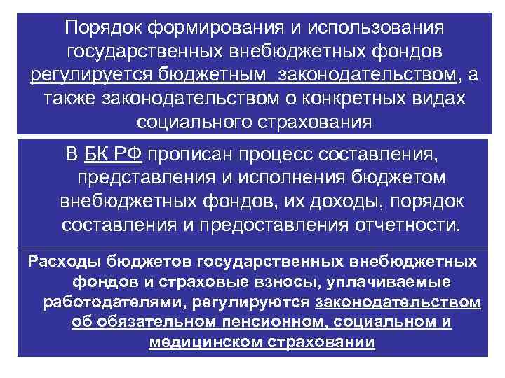 Порядок формирования и использования государственных внебюджетных фондов регулируется бюджетным законодательством, а также законодательством о