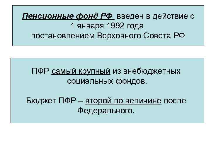 Пенсионные фонд РФ введен в действие с 1 января 1992 года постановлением Верховного Совета