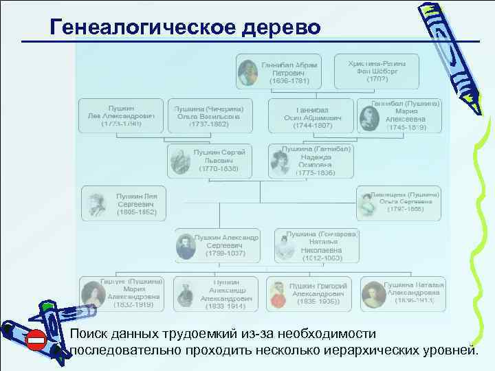 Генеалогическое дерево Поиск данных трудоемкий из-за необходимости последовательно проходить несколько иерархических уровней. 