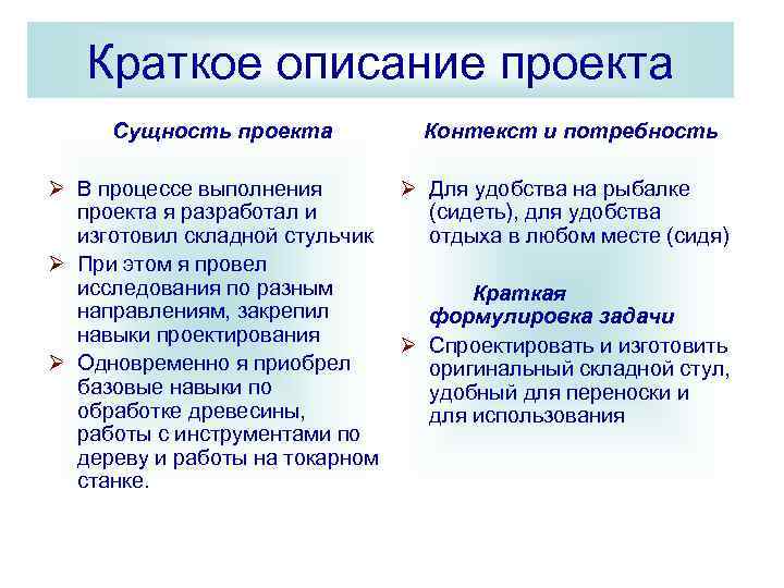 Краткое описание проекта Сущность проекта Контекст и потребность Ø В процессе выполнения Ø Для