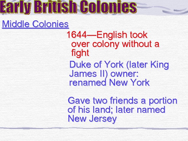 Middle Colonies 1644—English took over colony without a fight Duke of York (later King