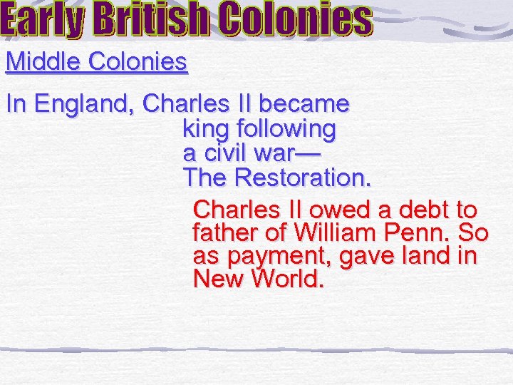 Middle Colonies In England, Charles II became king following a civil war— The Restoration.