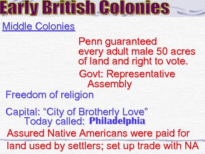 Middle Colonies Penn guaranteed every adult male 50 acres of land right to vote.