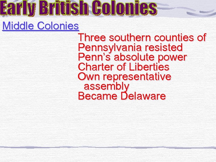 Middle Colonies Three southern counties of Pennsylvania resisted Penn’s absolute power Charter of Liberties