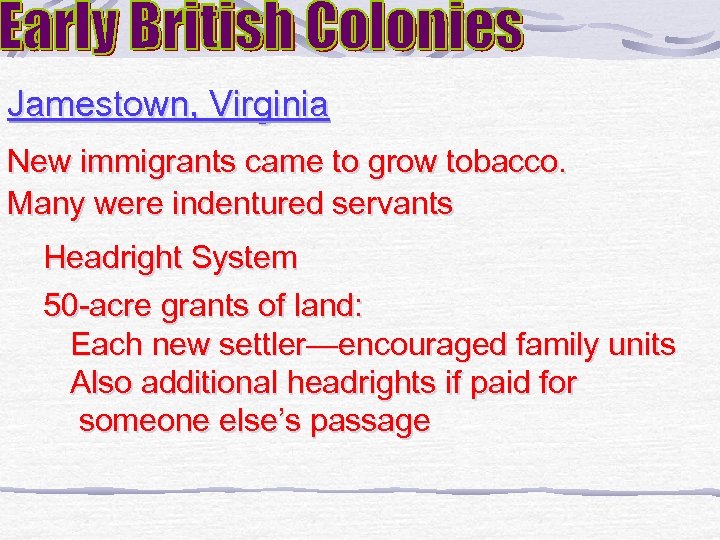 Jamestown, Virginia New immigrants came to grow tobacco. Many were indentured servants Headright System