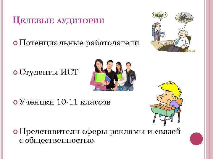 ЦЕЛЕВЫЕ АУДИТОРИИ Потенциальные Студенты Ученики работодатели ИСТ 10 -11 классов Представители сферы рекламы и