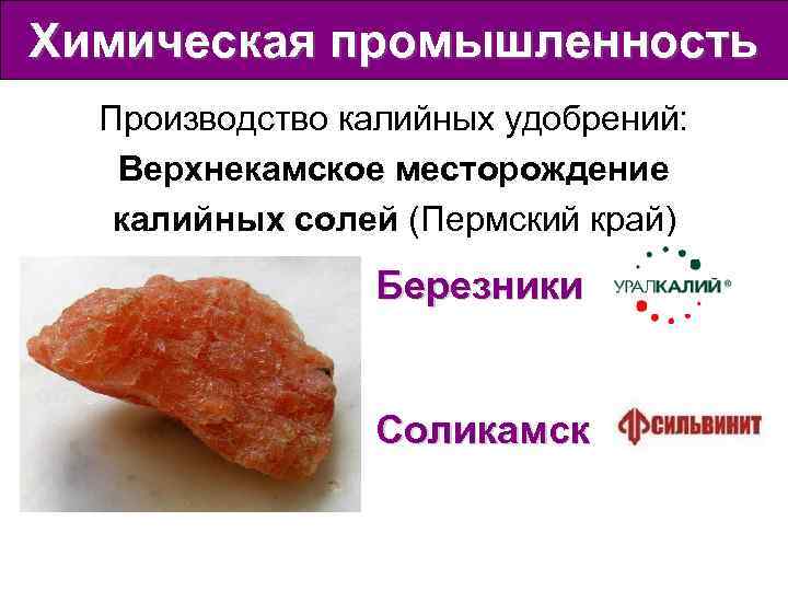Химическая промышленность Производство калийных удобрений: Верхнекамское месторождение калийных солей (Пермский край) Березники Соликамск 