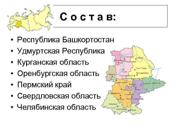 С о с т а в: • • Республика Башкортостан Удмуртская Республика Курганская область
