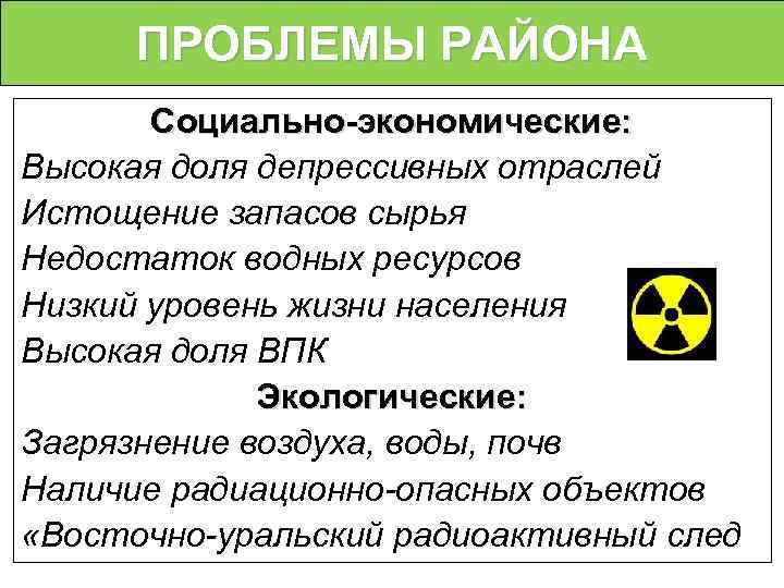 ПРОБЛЕМЫ РАЙОНА Социально-экономические: Высокая доля депрессивных отраслей Истощение запасов сырья Недостаток водных ресурсов Низкий