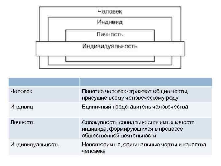 Человек Понятие человек отражает общие черты, присущие всему человеческому роду Индивид Единичный представитель человечества