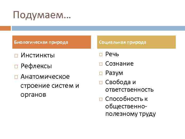 Подумаем… Биологическая природа Инстинкты Рефлексы Анатомическое строение систем и органов Социальная природа Речь Сознание