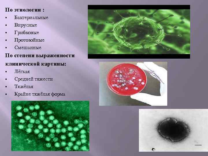 По этиологии : § § § Бактериальные Вирусные Грибковые Протозойные Смешанные По степени выраженности