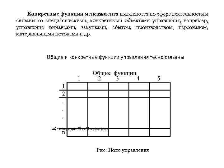 Конкретные функции менеджмента выделяются по сфере деятельности и связаны со специфическими, конкретными объектами управления,