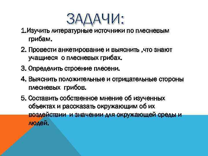 ЗАДАЧИ: 1. Изучить литературные источники по плесневым грибам. 2. Провести анкетирование и выяснить ,