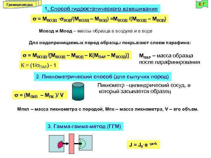 Гравиразведка 1. Способ гидростатического взвешивания ЕГ σ = МВОЗД ·σВОД/(МВОЗД – МВОД) =МВОЗД /(МВОЗД