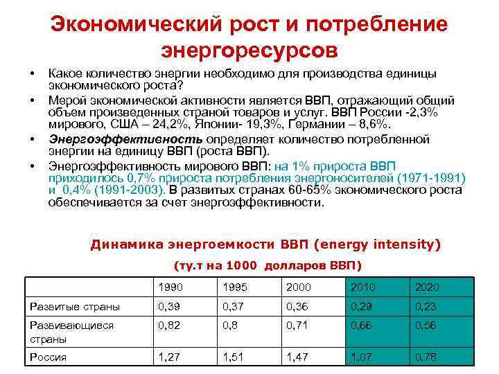 Экономический рост и потребление энергоресурсов • • Какое количество энергии необходимо для производства единицы