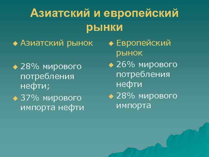 Азиатский и европейский рынки u Азиатский рынок 28% мирового потребления нефти; u 37% мирового