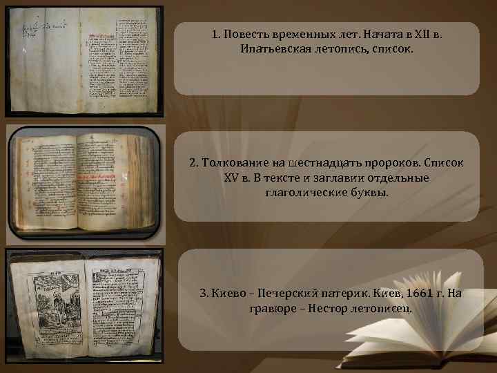 1. Повесть временных лет. Начата в XII в. Ипатьевская летопись, список. 2. Толкование на