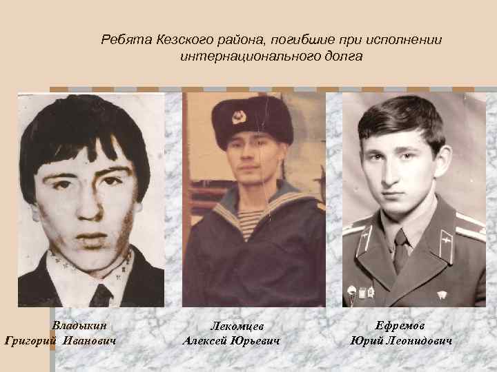 Ребята Кезского района, погибшие при исполнении интернационального долга Владыкин Григорий Иванович Лекомцев Алексей Юрьевич
