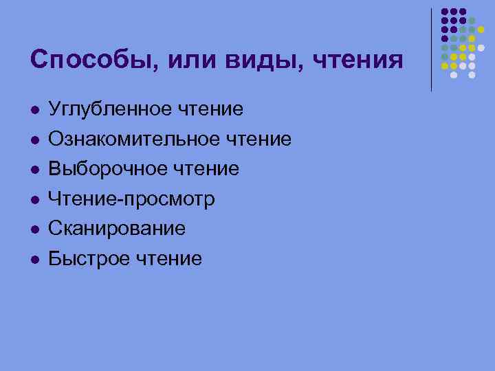 Способы, или виды, чтения Углубленное чтение Ознакомительное чтение Выборочное чтение Чтение-просмотр Сканирование Быстрое чтение