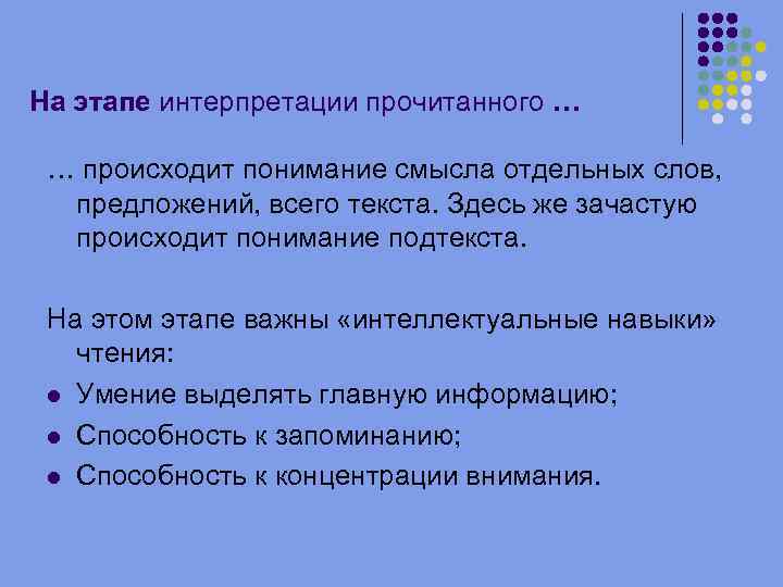 На этапе интерпретации прочитанного … … происходит понимание смысла отдельных слов, предложений, всего текста.